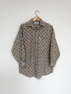 VINTAGE GUESS tan floral long sleeve button down shirt / size L